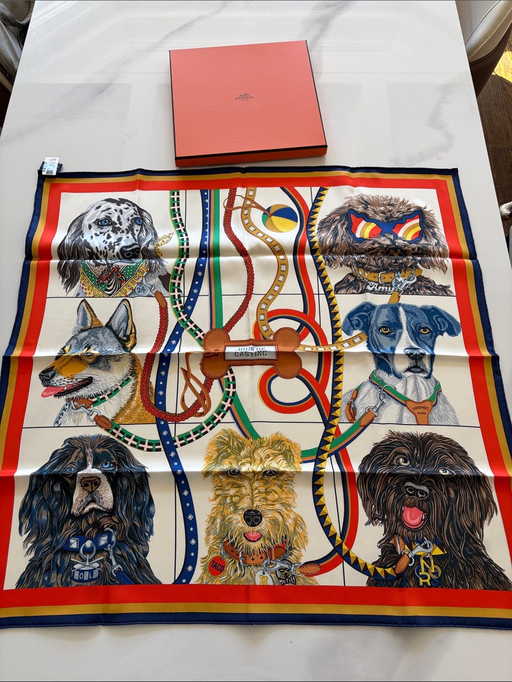 Hermes Multidog Silk Scarf - Red Blue Cream Yellow Green new